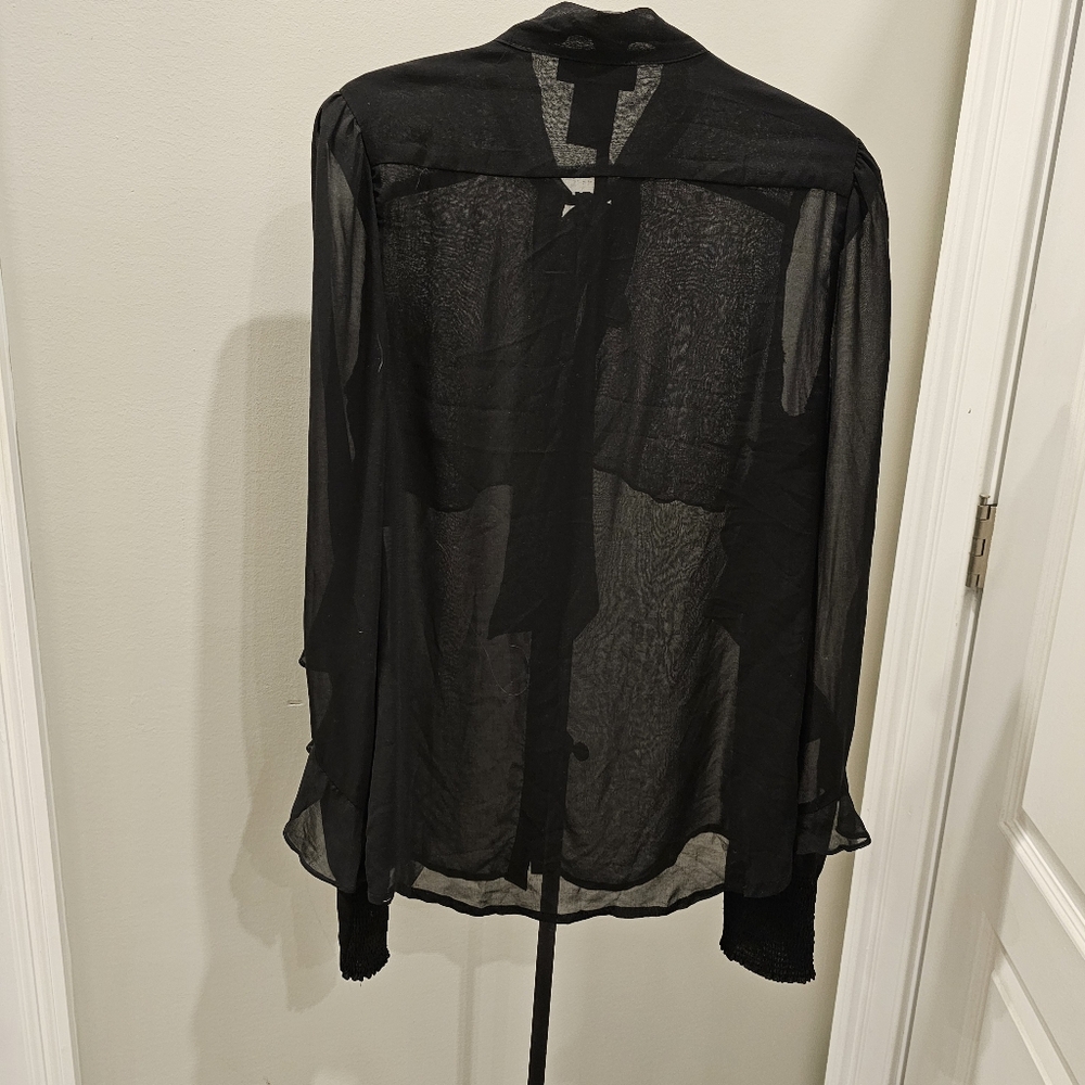 MM Couture By Miss Me Black Sheer Button Up Blouse With Tie Neck - Picture 4 of 5
